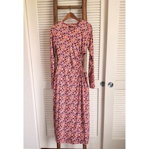 AFRM Zadie Side Cutout Ruched Floral Midi Dress Orange Pink M